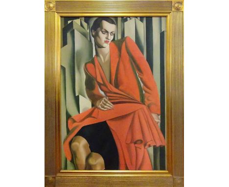 AFTER TAMARA DE LEMPIKA 'Portrait of Ms Bush', oil on canvas, 90cm x 60cm, in Art Deco style frame.