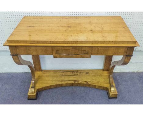 CONSOLE TABLE, Biedermeier design satinbirch and gilt heightened with scrolled supports and a curved undertier, 95cm x 46cm x