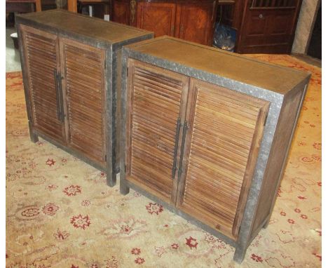 SIDE CABINETS, a pair, zinc and wooden, each with two louvre doors enclosing a shelf, 80cm W x 91cm H x 38cm D. (2)