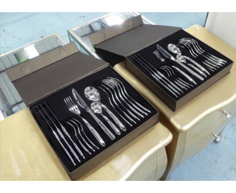 CUTLERY SETS, a boxed pair, silver finish flatware, 30cm x 27cm x 6cm. (2)