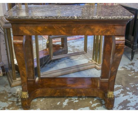 CONSOLE TABLE, 19th century French Louis Philippe flame mahogany and gilt metal mounted, with frieze drawer, undertier and St