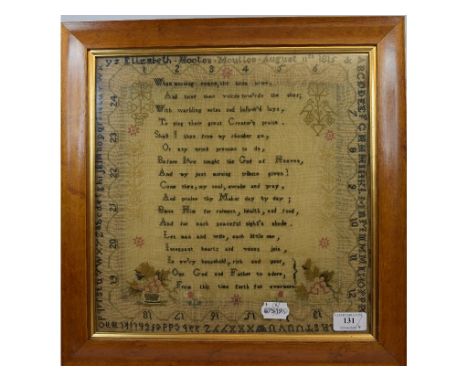 An early 19th century sampler, Elizabeth Hooton Moulton August 11th 1815, with verse surrounded by floral motifs, in a meande