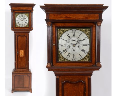 A longcase clock, the 30 cm square brass dial signed Thos Moyle, Nantwich, having a silvered chapter ring with Roman numerals
