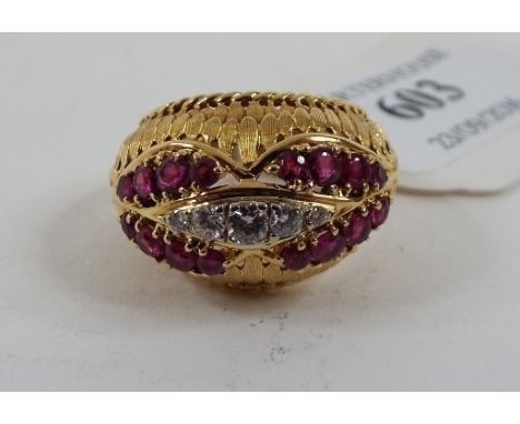 An 18ct gold, ruby and diamond dress ring, approx. ring size O