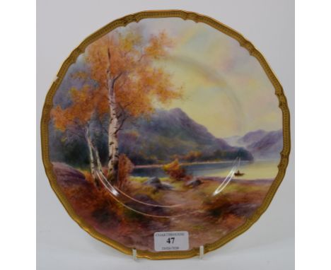 A Royal Worcester plate, painted Lake Derwentwater, signed R Rushton, with gilt rim (chipped), 27 cm diameter Condition repor