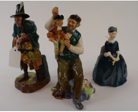 A Royal Doulton figure, The Puppet Maker, HN2253, and two other figures, The Mask Seller, HN2103, and Cherie, HN2341 (3) Cond
