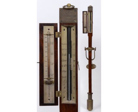 A marine stick barometer, signed Adie, Edinborough No 378 on a brass plaque, above a silvered dial opposite a silvered thermo