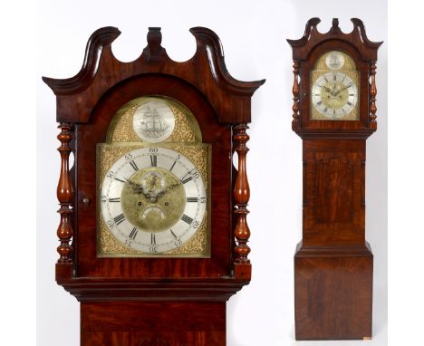 A longcase clock, the 35.5 cm arched square brass dial with a subsidiary seconds dial and calendar aperture, the arch engrave