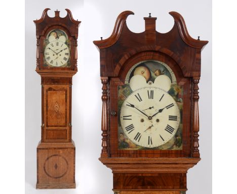 A longcase clock, the 33 cm arched square painted dial with Roman numerals, subsidiary seconds and calendar dials, and with a