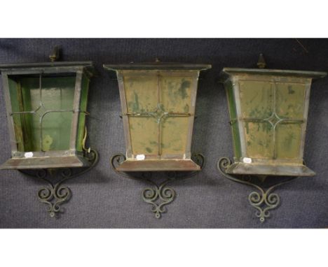 Three copper wall lanterns, 68 cm high, and a similar pillar top lantern (a.f.) (4) Condition report ReportNot of great age