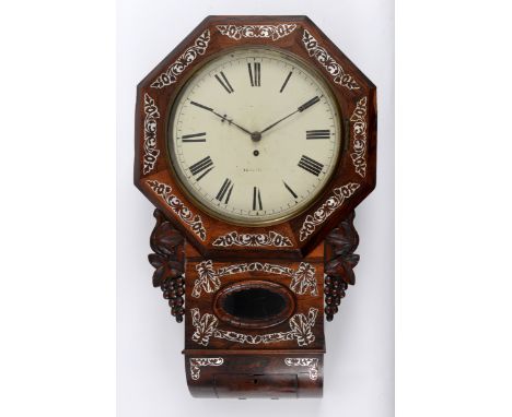 A drop dial wall clock, the 29.5 cm white painted dial with Roman numerals, fitted a single fusee movement, in a rosewood cas