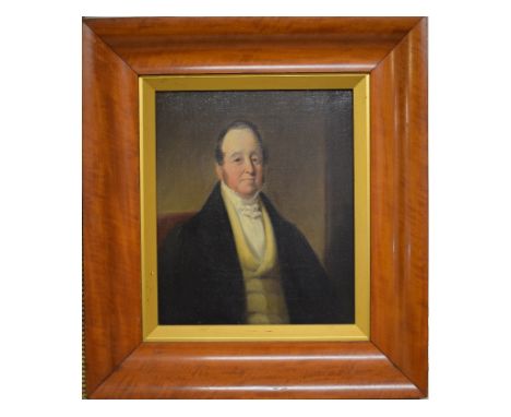 English school, a half length portrait of a lady, wearing a bonnet, oil on canvas, 23.5 x 20 cm, and her pair, in maple frame