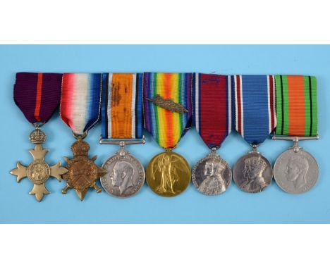 A group of seven medals, awarded to Major Ralph Oswald Harvey, comprising an OBE (M), 1914-15 Trio (2 Lieut R O Harvey, MID) 