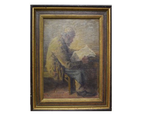 R Verner, a portrait of an elderly gentleman reading a newspaper, oil on canvas, signed and dated 07, 37.5 x 26 cm
