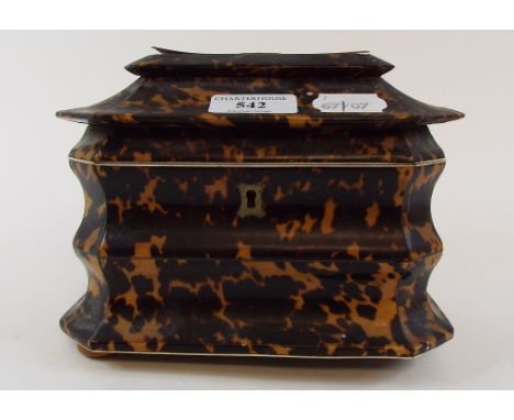 A tortoiseshell and ivory tea caddy, initialled, 19 cm wide Condition report Report by GHLacking two of its turned feet. Tort