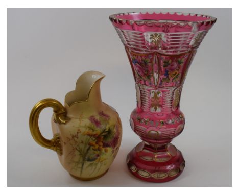 A Royal Worcester blush ivory jug, decorated flowers, 1094, 15.5 cm high, a flashed glass vase, with enamel and gilt decorati