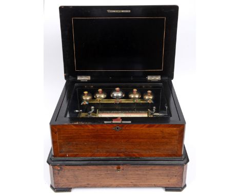 A 19th century Swiss music box, the mechanism stamped JB within a butterfly symbol of Jean Billon-Haller, the movement with f