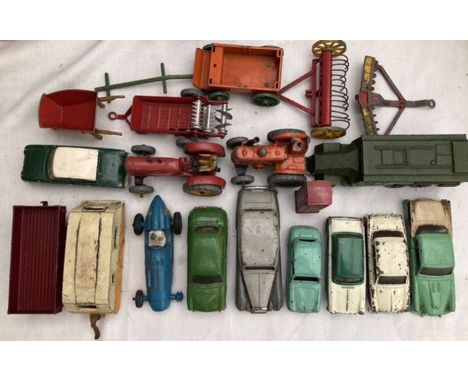 Diecast: A collection of assorted Dinky vehicles in playworn condition to include&nbsp;Cars, Tractors, Telephone Box, etc. al