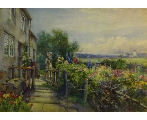 Rose K. Fox (19th century): Young Woman in a Cottage Garden, watercolour signed and dated '95,  54cm x 76cm   Condition Repor