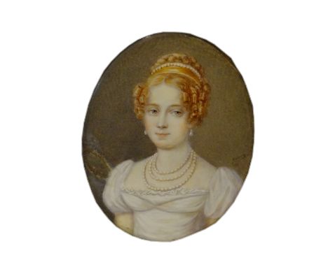 Aubry (19th century): Lady in a White Dress, oval portrait miniature on ivory signed 7cm x 6cm   Condition Report   Click her