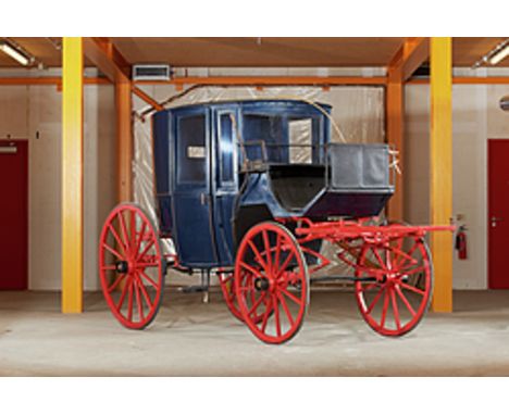 DOUBLE BROUGHAM built by Charles Windover circa 1850. The curved body is painted blue on a red undercarriage with elliptic sp