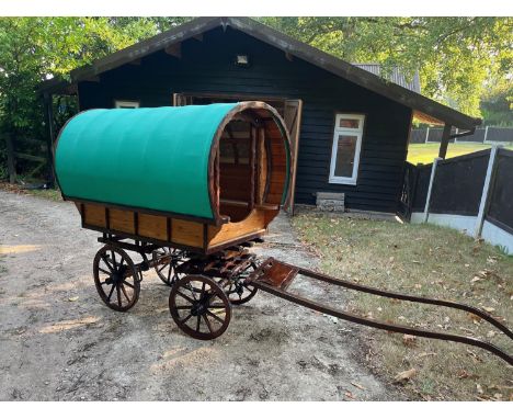 SMALL OPEN LOT WAGON to suit a single pony, with dark varnished undercarriage, shafts, pan box, and iron shod wheels. Light v