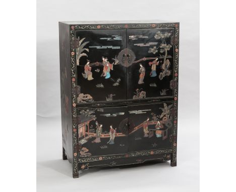CHINESE WOOD CABINET
with figures in landscape setting design, with two sets of opening doors, in black with colourful inlay,