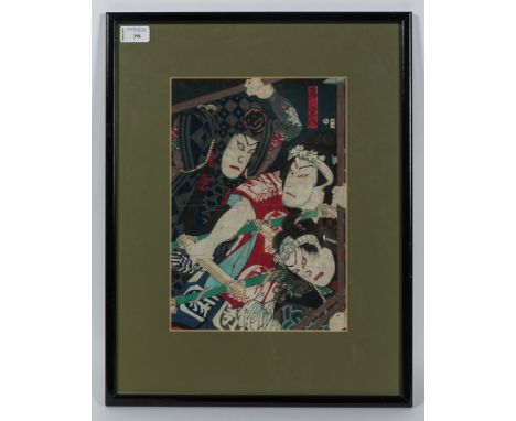 LATE EDO/EALRY MEIJI PERIOD JAPANESE WOODBLOCK PRINT
THREE KABUKI ACTORS IN A BATTLE SCENE
oban woodblock print on paper, cir