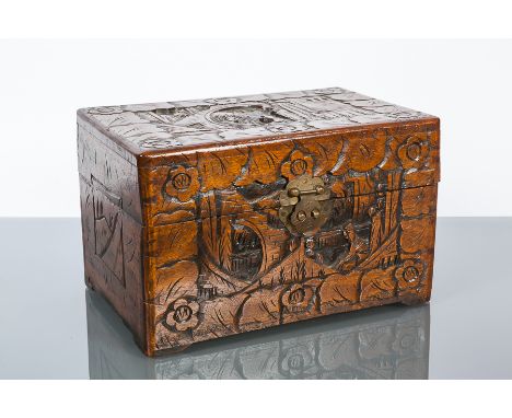 CHINESE CARVED WOOD BOX
with figures detailing, 29cm wide

