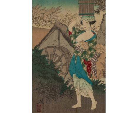 TSUKIOKA YOSHITOSHI (JAPANESE 1839-1892),
THE STRONG WOMEN OIKO OF TAKASHIMA
oban woodblock print on paper, left half of a di