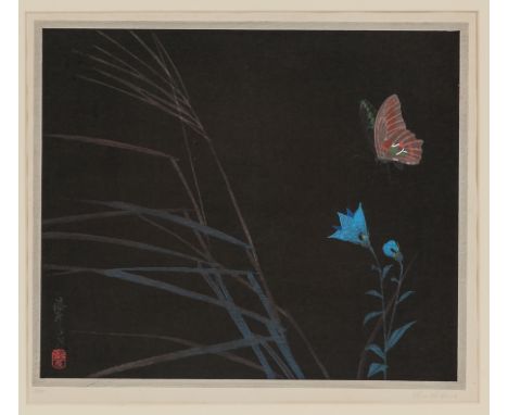 URUSHIBARA MOKUCHU (JAPANESE 1888-1953),
BUTTERFLY AND BELLFLOWER
woodblock print on paper, circa 1925, very good colour, ver