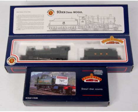A Bachmann 31-801 93XX mogul engine and tender (G-BG), and a 32-127 45XX prairie tank engine (G-BG) both GWR green