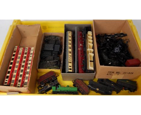 2 large trays containing spares - motors, wheels, chassis, loco bodies etc, Triang, Hornby, Lima, Mainline, Wrenn and others 