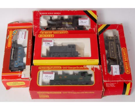 Hornby steam tank engines 0-6-0 GWR pannier (F-BP) 0-6-0 LBSC (G-BF) a similar southern black 103 (G-BP), Caledonian blue sad