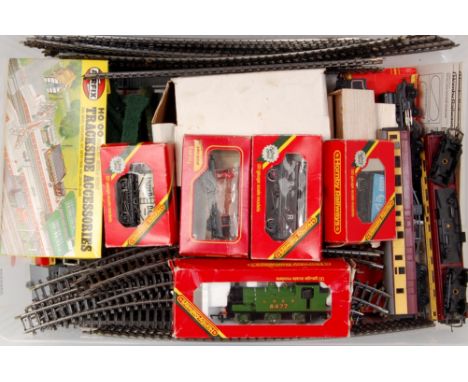 Triang black Princess locomotive, 2 medium length coaches, Hornby LNER green J83 tank engine, 4 wagons (boxed), track accesso