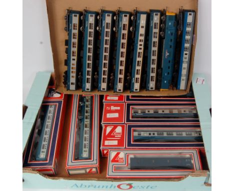 2 trays containing 6 boxed 6 unboxed Lima blue/grey coaches (G-BG) blue Deltic type diesel (F), and a Triang Mk1 blue/grey co