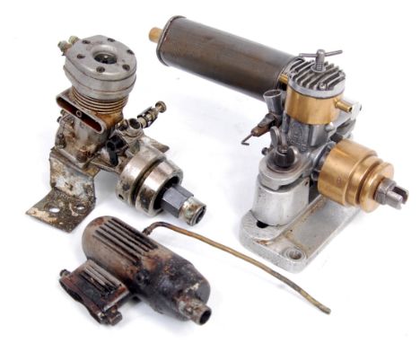 Small group of various aircraft and model making engines, to include MAX S OS engine, a loose exhaust, and a Frog model aircr