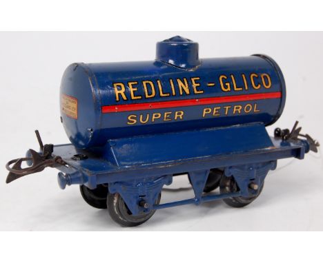 Hornby 1934 Redline Glico petrol tanker, blue, standard base, pressed filler, pressed top, narrow flanges on ends (G)