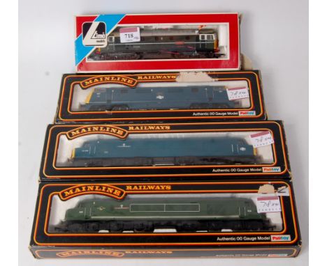 Mainline BR blue Warship "Kelly" (G-BFG), lco-col BR blue another BR green both "The Manchester Regiment" (G-BG) Lima class 3
