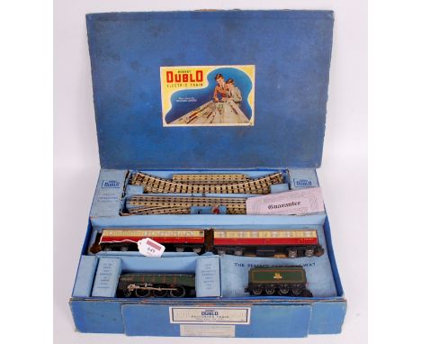 A Hornby Dublo 3-rail EDP11 train set comprising gloss green Silver King engine and tender, 2 red/cream Gresley coaches, trac