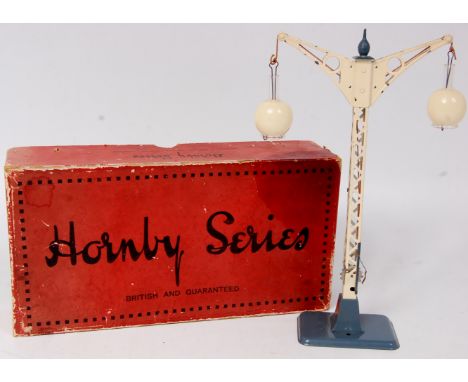 Hornby 1928-9 No. 2 lamp standard with grey-blue base, finial and ratchet panel and original glass globes, some small chips (