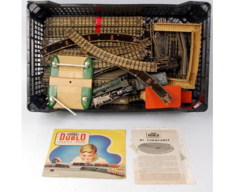 Tray of Hornby Dublo 3-rail track and points D1 signal cabin, footbridge, level crossing (G), 2-6-4 tank engine and castle cl