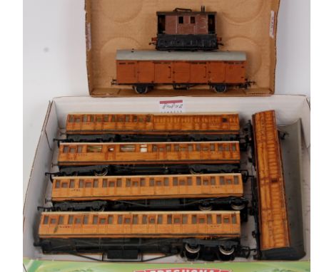 A whitemetal GER tram engine for improvement (G), rake of 5 Kirk part built LNER teak suburban coaches including articulated 