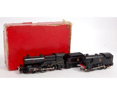 A Trix Twin Railway 2/536 BR lined black 4-4-0 compound engine and tender, good for age, box lid split at corners and tape re