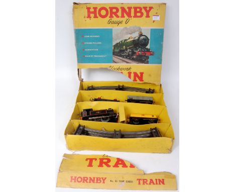 Hornby 1957-65 No. 45 tank goods set comprising black BR No. 40 tank loco, BR No. 50 open wagon, No. 50 lumber wagons, No. 50