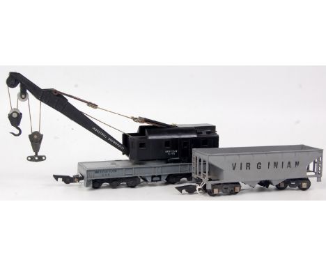 American Flyer S gauge Virginian grey bogie Hopper no. 632 with 4 x sheet metal bottom doors, black operating wrecking crane 