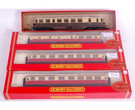3 boxed Hornby BR red/cream Centenary coaches 2 R4028, R4029 (G-BG), and an unboxed Lima GWR railcar (G)
