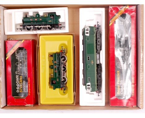 Hornby R041 and R051 GWR pannier tank engines (G-BFG) and an R074 BR two-ton green Hymek diesel locomotive (G-BP)