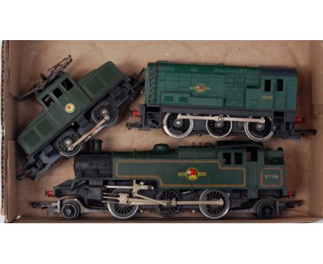 Triang green 2-6-2 tank engine, 0-4-0 steeple cab electric locomotive minor damage to pantograph and green 0-6-0 diesel shunt