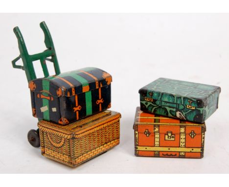 Hornby 1938-41 No. 1 Railway Accessories set comprising lighter green truck, round top trunk blue with green and orange strap